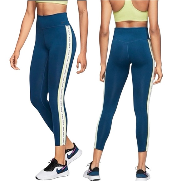 Nike Dri Fit Leggings Teal Striped White Neon Yellow Logo On Leg Size Large - Picture 1 of 15